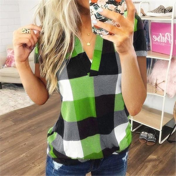 

women's blouses & shirts women v-neck check lattice plaid shirt short sleeve lady casual loose blouse plus size s-5xl#, White