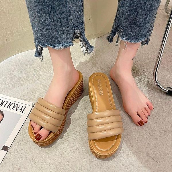 

leather women platform slippers high heels casual woman pumps shoes increase lady slides sandals summer, Black