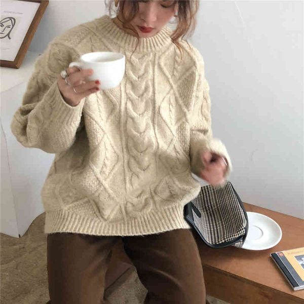 

sweaters chic women fashion retro o-neck thick knitwear sweater elegant loose casual warm solid soft korean pullovers, White;black