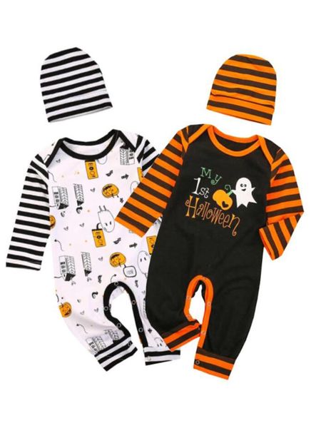 

clothing sets 2pcs baby halloween outfit, cartoon ghost stripe long sleeves romper + hat for toddler girls, boys, 0-24 months, White