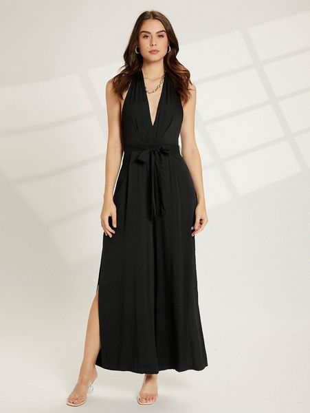 

halter neck tie back belted backless split hem jumpsuit d4dw#, White