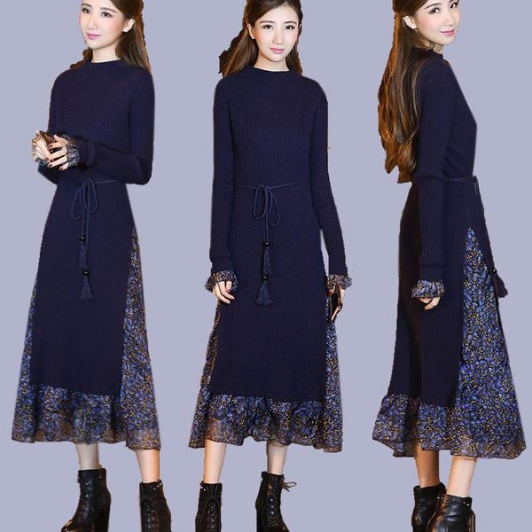 

casual dresses autumn and winter dress women fashion slim long female trumpet long-sleeved floral knit elegant vestido 5xl f2503, Black;gray