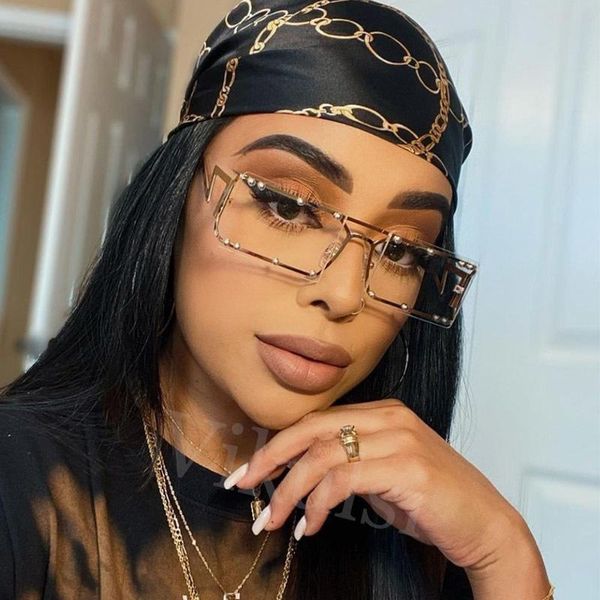 

sunglasses small rectangle women transparent shades for 90s steampunk rivet metal sun glasses men unisex, White;black