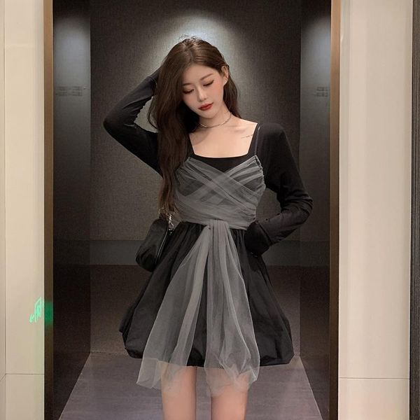 

mesh patchwork princess mini-dress female autumn square collar empire black bandage bodycon dresses party evening elegant casual, Black;gray