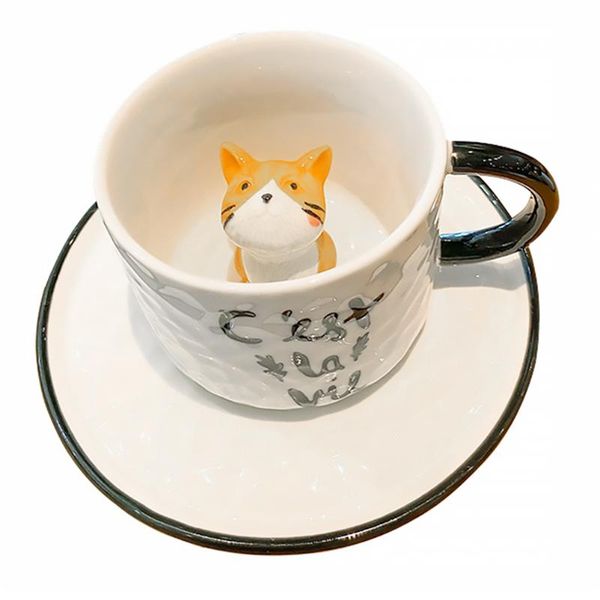 

mugs 1 set three-dimensional ceramic coffee mug cat cup kid drinking