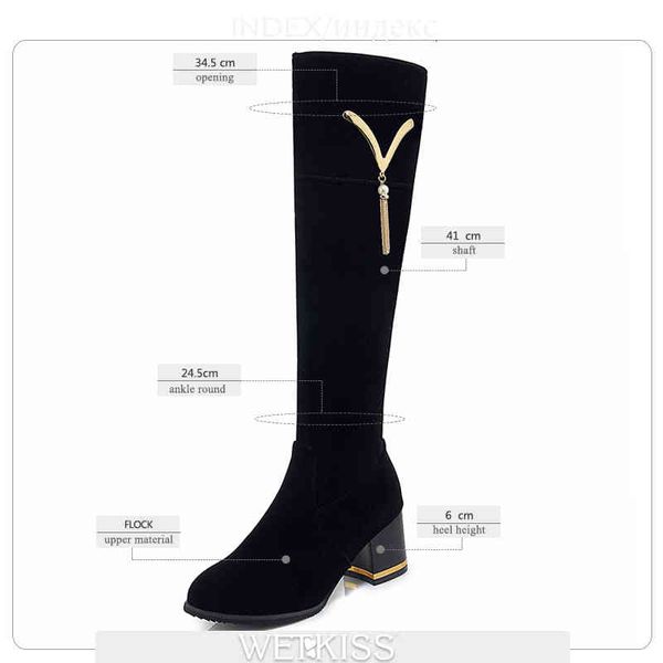 

wetkiss big size 33-46 thick heels women boots round toe flock crystal footwear tassel lady shoes winter knee high boot oncl, Black