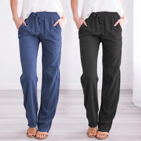 

women's pants & capris s-3xl 7colors solid mid elastic drawstring loose long straight cotton linen women casual summer wear, Black;white