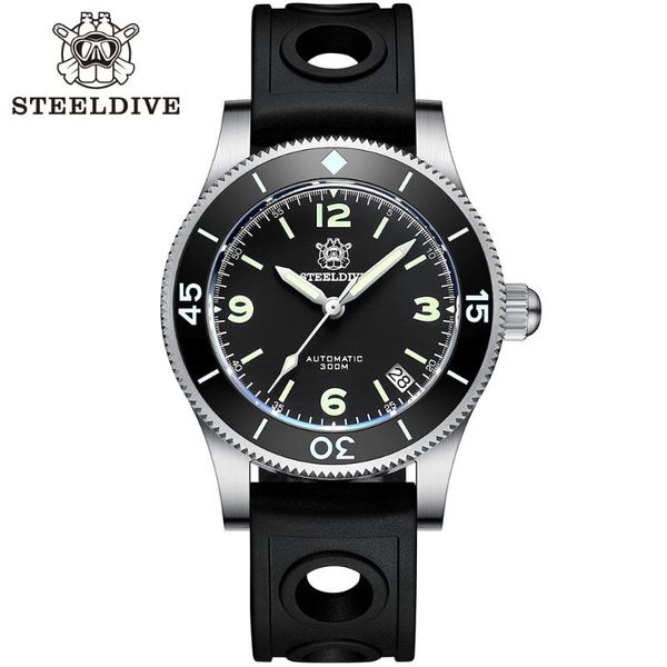 

wristwatches steeldive 1952 fifty fathoms dive watch men japan nh35 automatic mechanical watches mens black dail leather calendar 300m, Slivery;brown