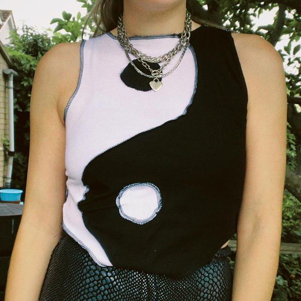 

women's t-shirt 2021 fashion casual knitted crop women elastic shirt o-neck sleeveless patchworkladies y2k autumn female tank basic, White
