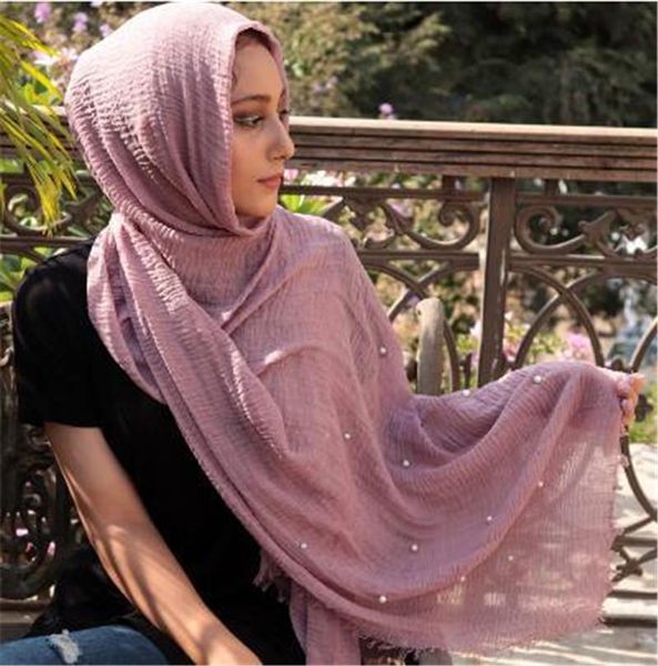 

ethnic clothing 2021 pearls crinkle hijab scarf cotton muslim woman shawls turban islamic head wrap headwear arab headscarf, Red