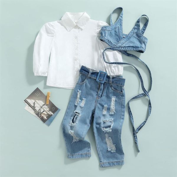 

clothing sets 1-6y fashion girls clothes set kids white long sleeve shirt+denim vest+jeans with broken holes 3pcs outfits for spring autumn