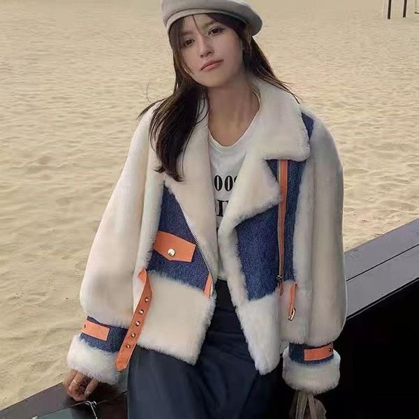 

women's fur & faux natural merino real sheep coat winter women patchwork denim jacket short length turn-down collar thick warm female o, Black