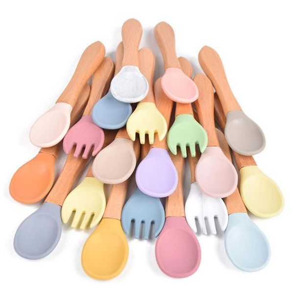 

cups, dishes & utensils 2pcs/set grade soft silicone spoon baby learning wood fork non-slip safety feeding tableware set