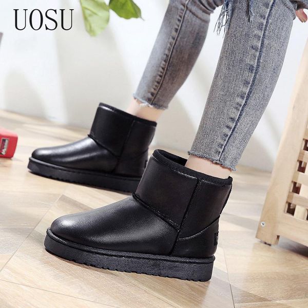 

boots 2021 fashion women's ankle cowhide leather plus velvet snow classic women warm winter shoes for, Black