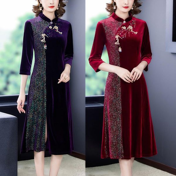 

casual dresses coigarsam women dress autumn 2022 cheongsam red black robe vestidos, Black;gray