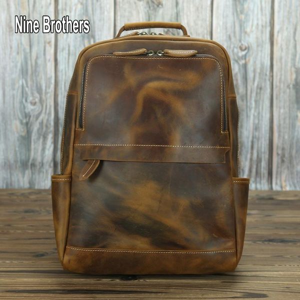 

backpack retro design crazy horse leather for man 14 inch computer large size school bakpack girls book bags nine brothers