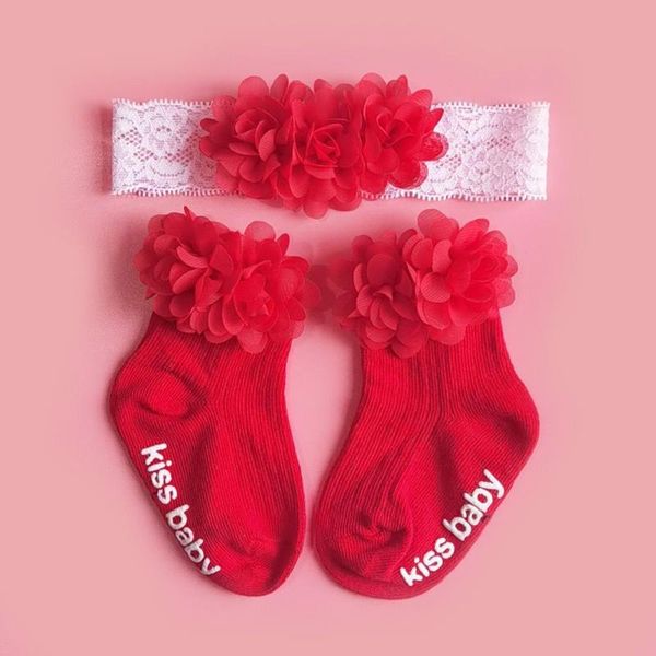 

socks lace flower born headband+cotton set baby girl headband turban little hair accessories, Pink;yellow