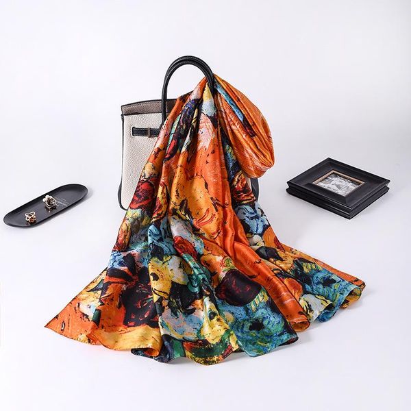 

scarves 2021 summer sunscreen 180x90cm silk lady dustproof beach towel fashion handkerchief korean oil painting shawls, Blue;gray