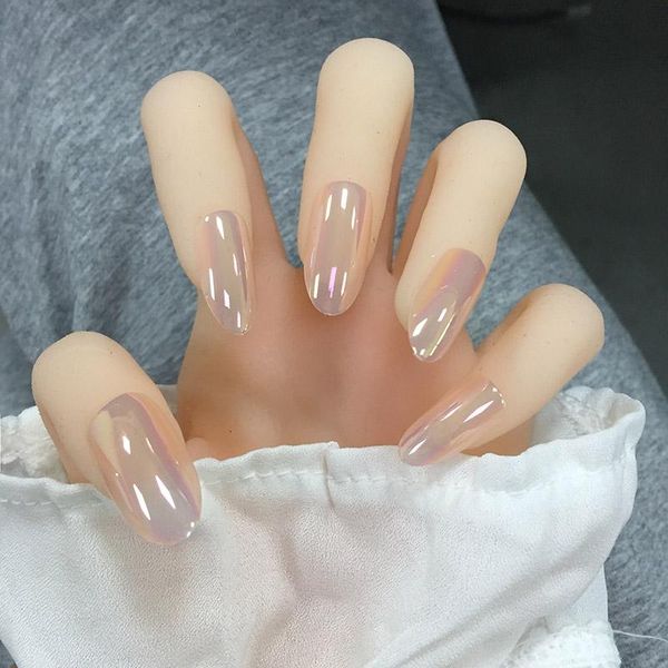 

false nails 24pcs pink fashionable mirror face fake round long detachable wearable nail pieces with glue for daily wear fa, Red;gold