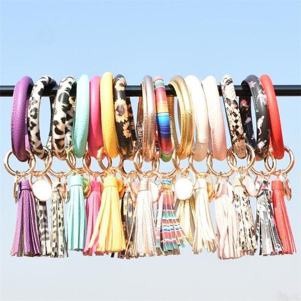 

favor women tassels bracelets pu leather wrap key ring leopard lily print wristband sunflower drip oil circle bangle chains wristlet
