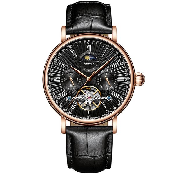 

classic men automatic mechanical watch tourbillon clock genuine leather waterproof moon phase wristwatch, Slivery;brown