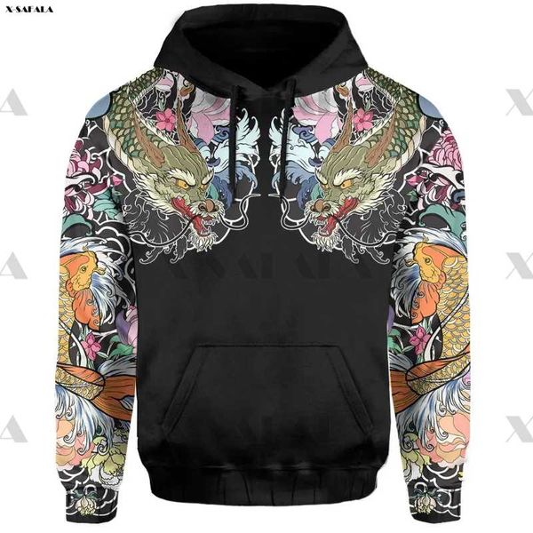 

men's hoodies & sweatshirts japan chinese koi fish dragon tattoo yin yang 3d printed hoodie man female zipper pullover sweatshirt hoode, Black