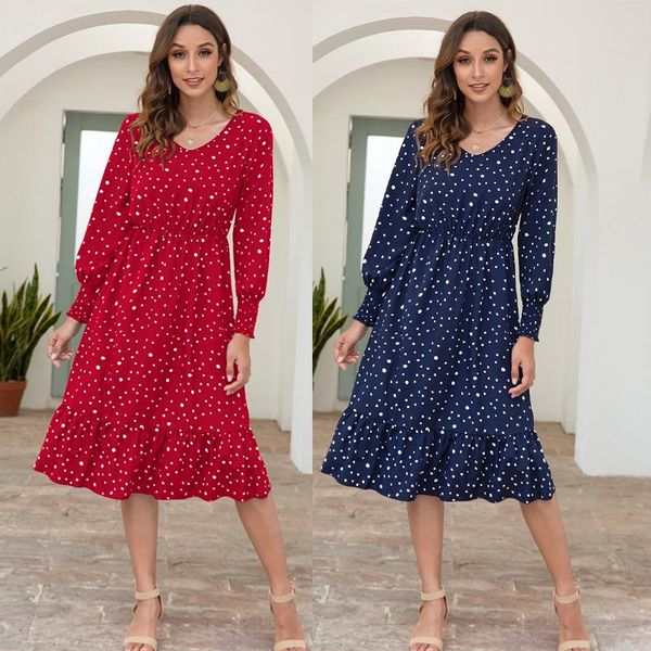 

casual dresses autumn elastic waist midi dress women swing skater polka dot for long sleeve elegant party red vestidos, Black;gray