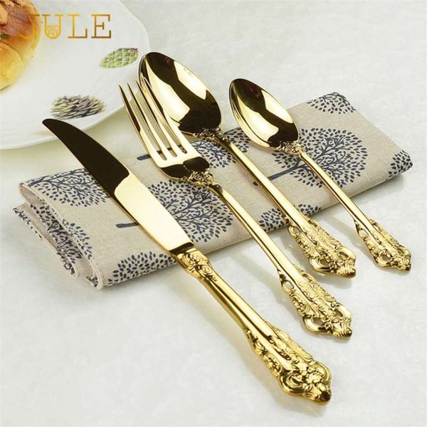 Vintage Western Gold Cutlery Cutlery Talheres Set 24 Pcs Dining Facas Forças Teaspoons Golden Luxo Gravura Gravura 210928