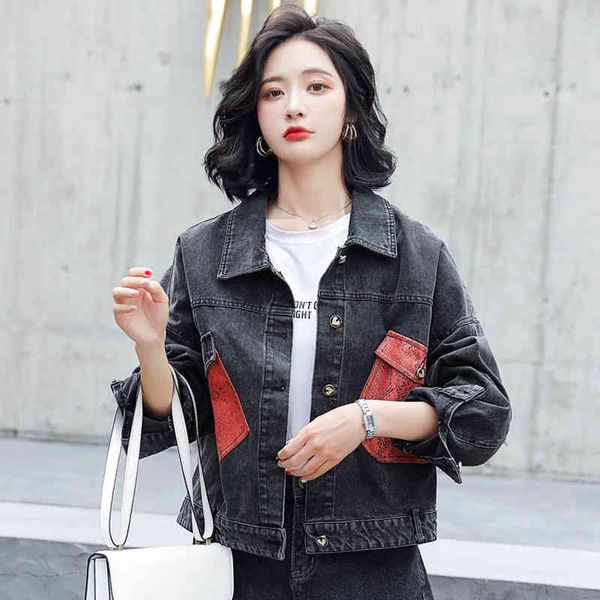 Kleidung Frauen Kurze Jacke Denim Nähte Schlange Muster Taschen Tops Herbst Koreanische-Stil Lose Übergroßen 95H 210420