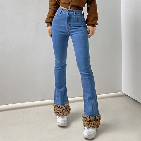 

patchwork high waist blue casual flared jeans women 2021 ankle leopard print spliped denim trousers office lady pants women's