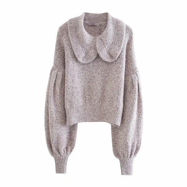 Frauen Mode Rüschen Trims Abgeschnitten Gestrickte Pullover Vintage Peter Pan Kragen Langarm Weibliche Pullover Chic Tops 210520