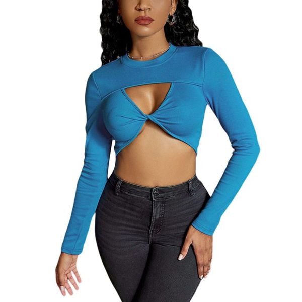 

women's t-shirt 2021 women's twist front cutout t-shirts long sleeve round neck solid color ribbed crop, White