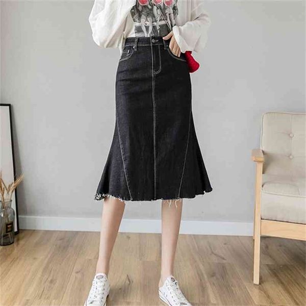 

summer mermaid denim skirt women fish tail trumpet ruffles midi high waist stretchy b03212b 210421, Black