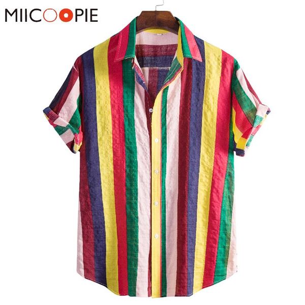 

men's casual shirts rainbow striped shirt men summer short sleeve cotton linen holiday camisas hawaian beach for loose streetwear, White;black