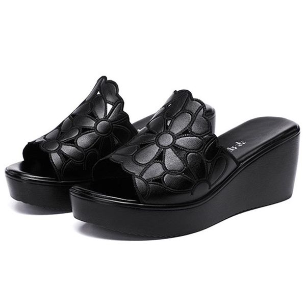

big size 32-43 platform wedge slippers 2021 summer cutout split leather shoes women's black middle heels for ladies