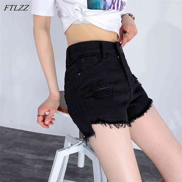 

summer women black white hole denim shorts vintage female high waist stright slim tassel solid color jeans 210430, White;black