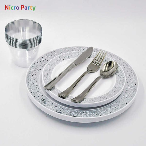 Nicro Silver Tazze Piatti di plastica Forchetta Coltelli Cucchiai Set di stoviglie trasparenti usa e getta Forniture per feste # DPT37 210610