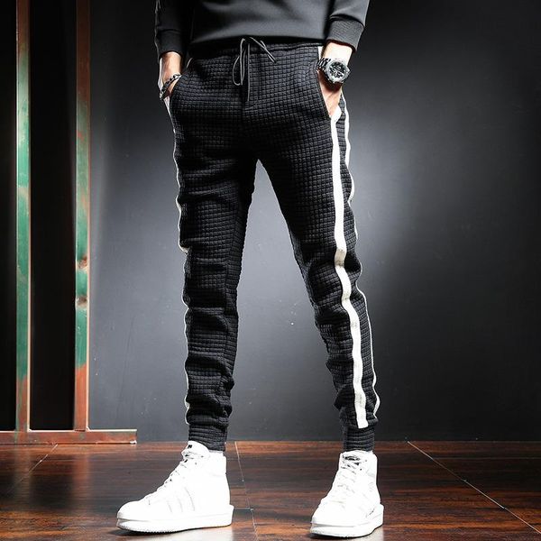 

men's pants autumn waffle casual men fashion side stripe sport joggers black elastic waist drawstring trousers