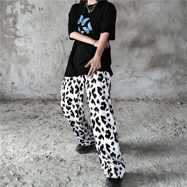 

women's pants & capris instagram fashion cow print women summer casual loose high waisted wide leg palazzo ladies straight trouser, Black;white