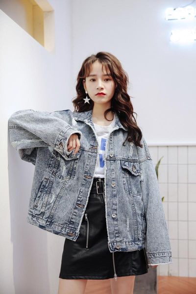 

women's jackets casual hole women denim jacket turn-down collar short overcoat vintage oversized and coats, Black;brown