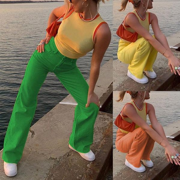 

women's jeans women vintage high waist harajuku bright solid color full length denim pants straight leg loose long trousers 50ld, Blue