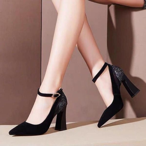 

dress shoes 2021 autumn high heels women pumps thick heel pointed shallow mouth single one word buckle mesh women's, Black