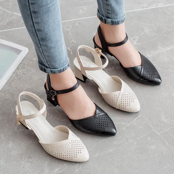 

leather hollow boat shoes baotou sandals female 2021 summer mid-heel chunky heel soft bottom, Black