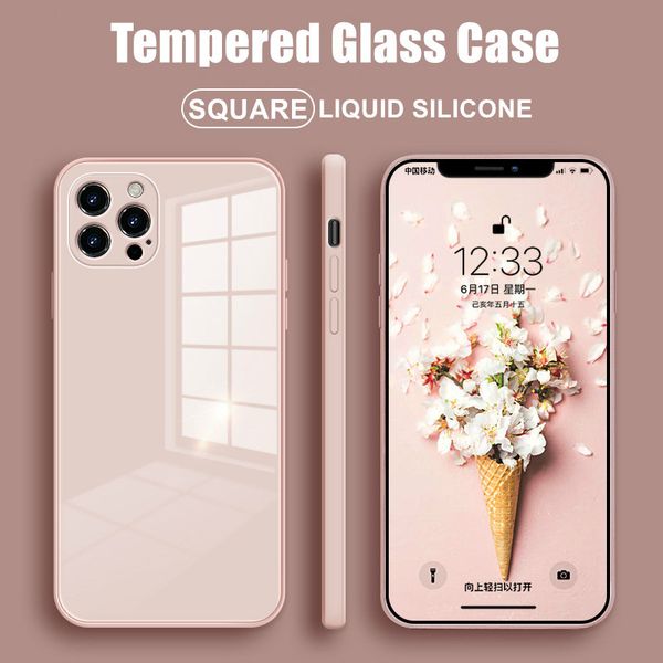 

square tempered glass phone case for iphone 12 mini 11 pro max se 2 x xr xs max 8 7 plus 12 pro anti-knock liquid silicone cover