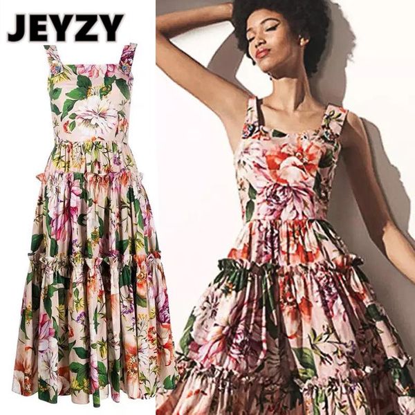 

casual dresses jeyzy designer flower dress summer sleeveless red floral ruched shapghetti strap buttons midi party holiday, Black;gray