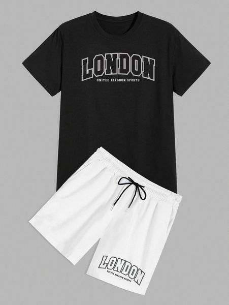 

romwe guys letter graphic tee & drawstring shorts e86h#, Gray