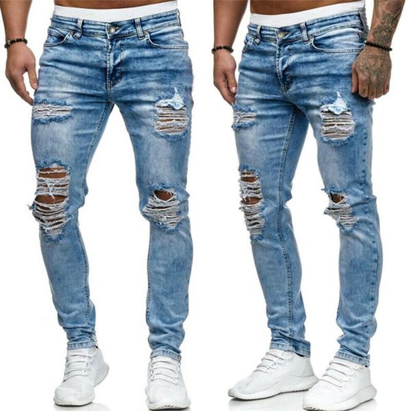 

men's jeans men clothing hole ripped pencil pants hip hop style stretchy long casual male skinny denim biker trousers, Blue