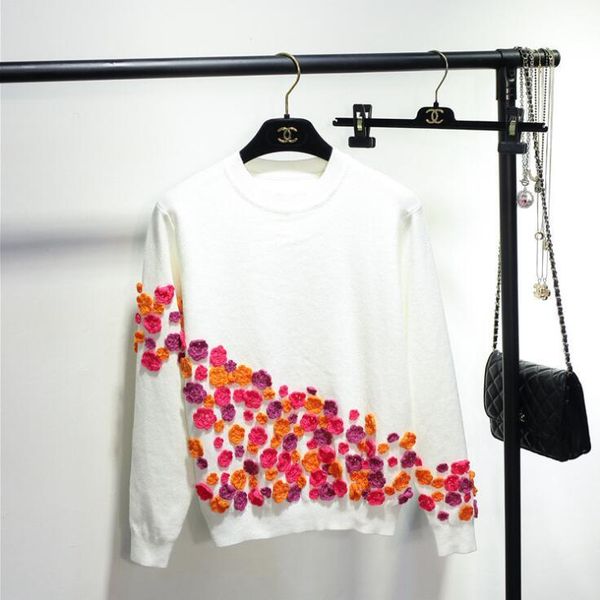 

hchenli women sweater and pullovers handmade 3d flower casual female knitted sweaters black white vintage women's, White;black