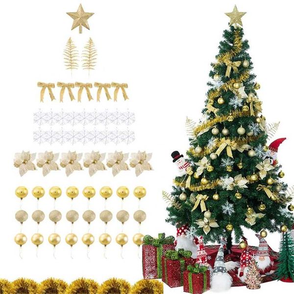 Lbsisi vida 58 pcs árvore de Natal decoração ornamentos conjunto com glitter poinsettia arcos fitas folhas bola floco de neve 211104