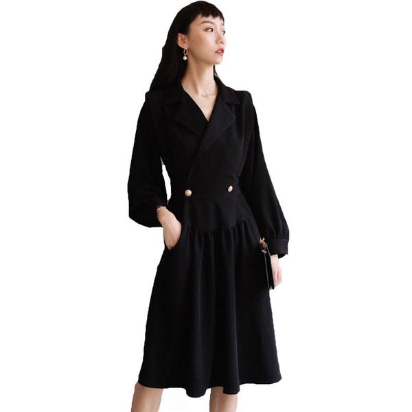 

casual dresses 2021 fashion black long-sleeved suit dress female spring autumn plus size temperament waist was thin for women 78b, Black;gray